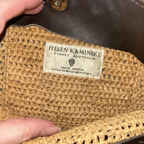 Helen Kaminski Woven Raffia Straw Tote Bag Brown Leather Handles Summer Purse - Picture 4 of 7